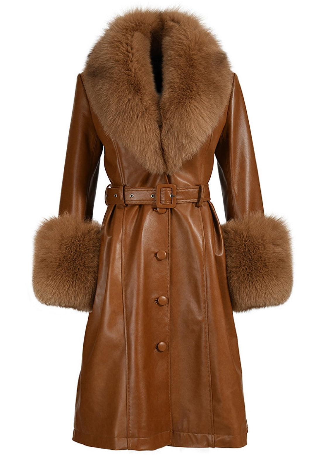 Sophisticated long brown leather trench coat for women, featuring luxurious fox fur detailing, combining designer elegance with timeless style.