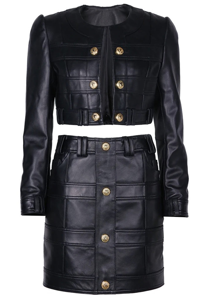 Cropped lambskin leather set of jacket and skirt in a structured silhouette, featuring sharp tailoring and adorned with signature gold buttons for an elegant finish.