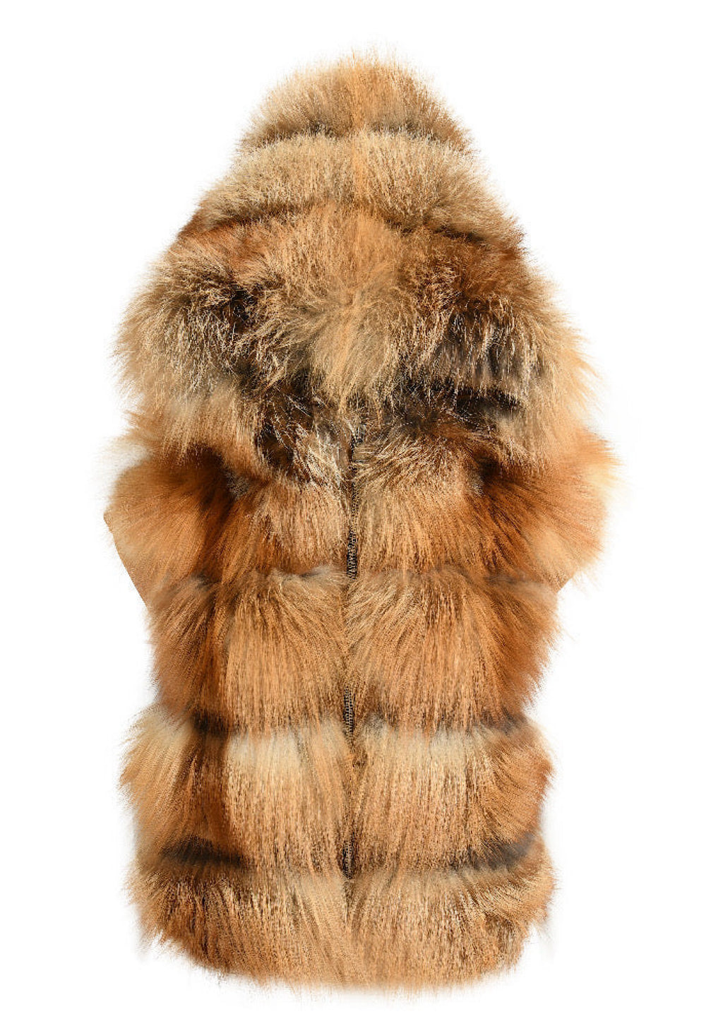 Hooded fox fur gilet in rich red tones, featuring a super soft, voluminous texture perfect for layering in winter.