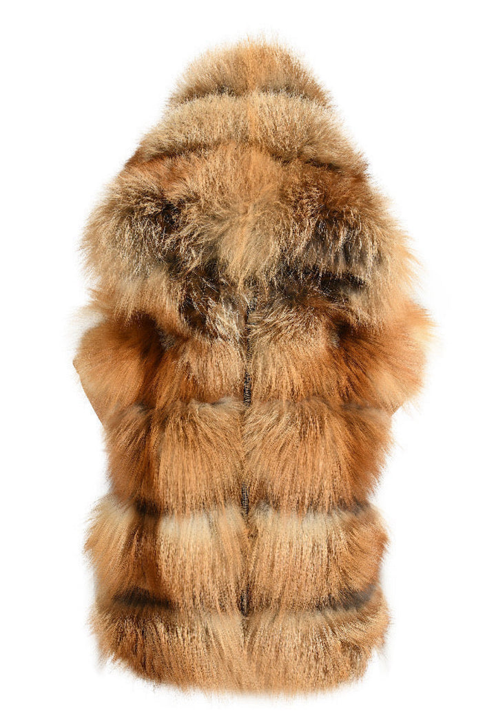 Hooded fox fur gilet in rich red tones, featuring a super soft, voluminous texture perfect for layering in winter.