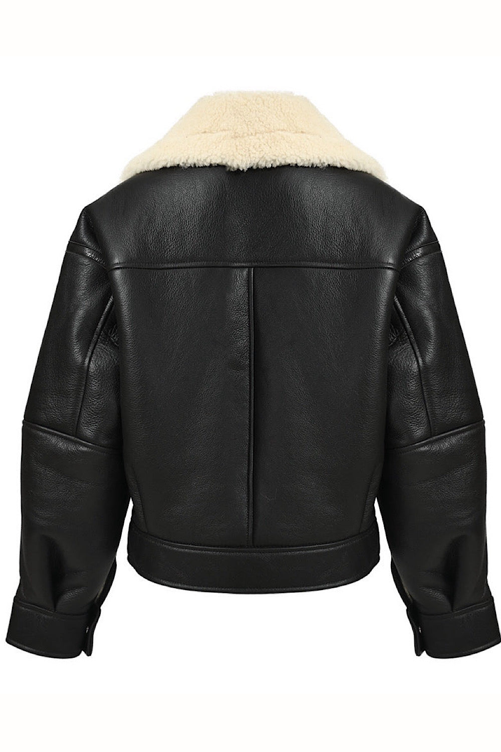 Black sheepskin aviator leather bomber with plush shearling lining, designed in a cropped voluminous style that offers both warmth and a trendy sporty look.