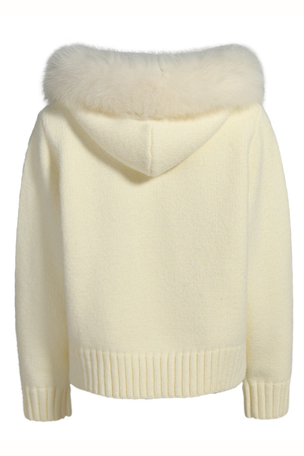 Refined ivory cashmere jacket with voluminous fox fur details, ideal for cozy yet elegant loungewear.