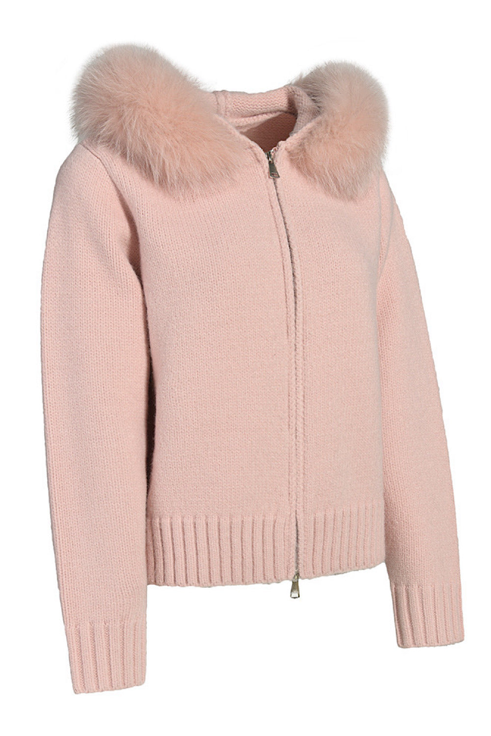 Delicate pink cashmere coat featuring voluminous matching fox fur, combining comfort and luxury.