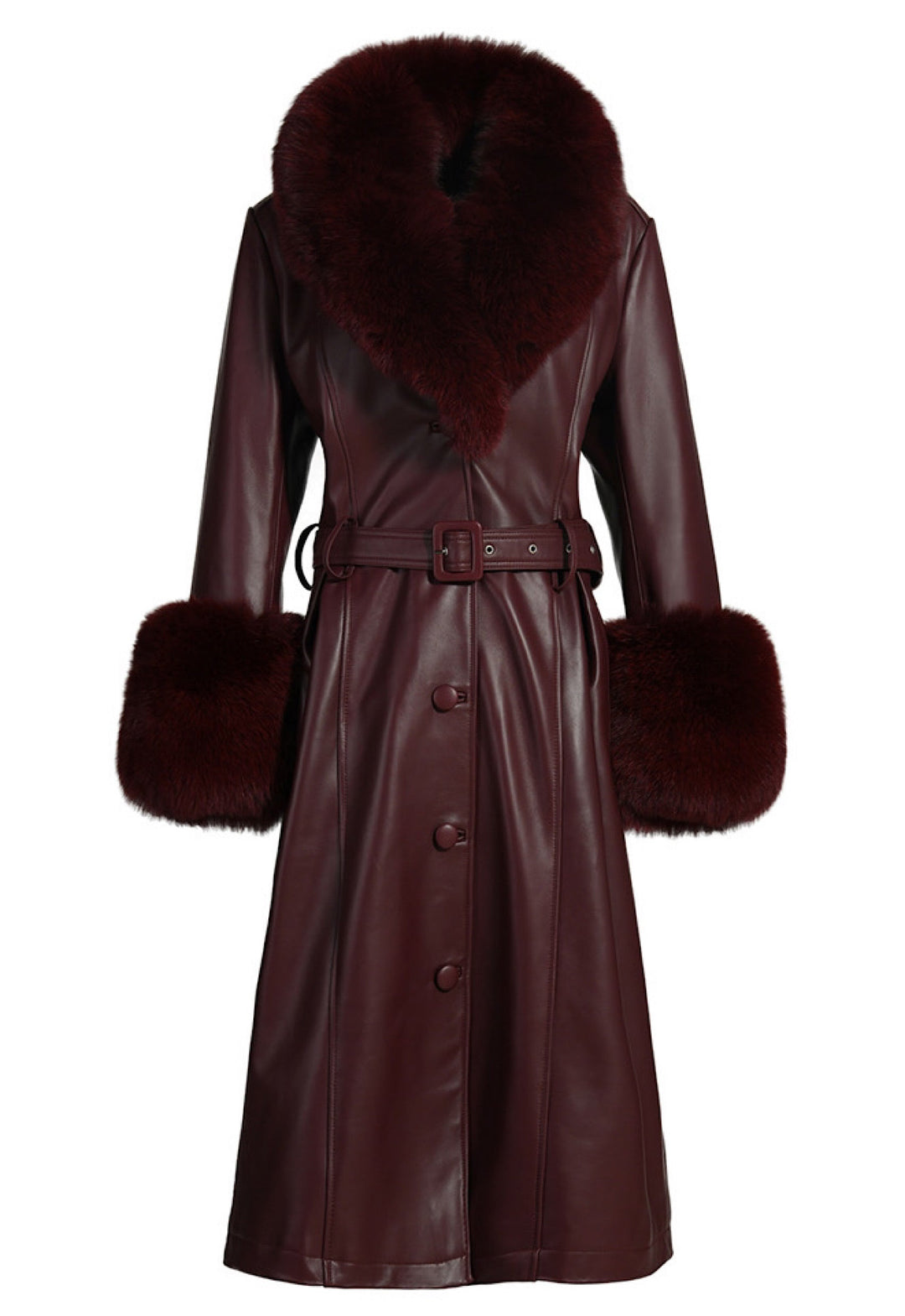 Long Burgundy Leather Trench Coat with Fox Fur, high quality Italian-designed lambskin trench coat with fox fur collar and cuffs.