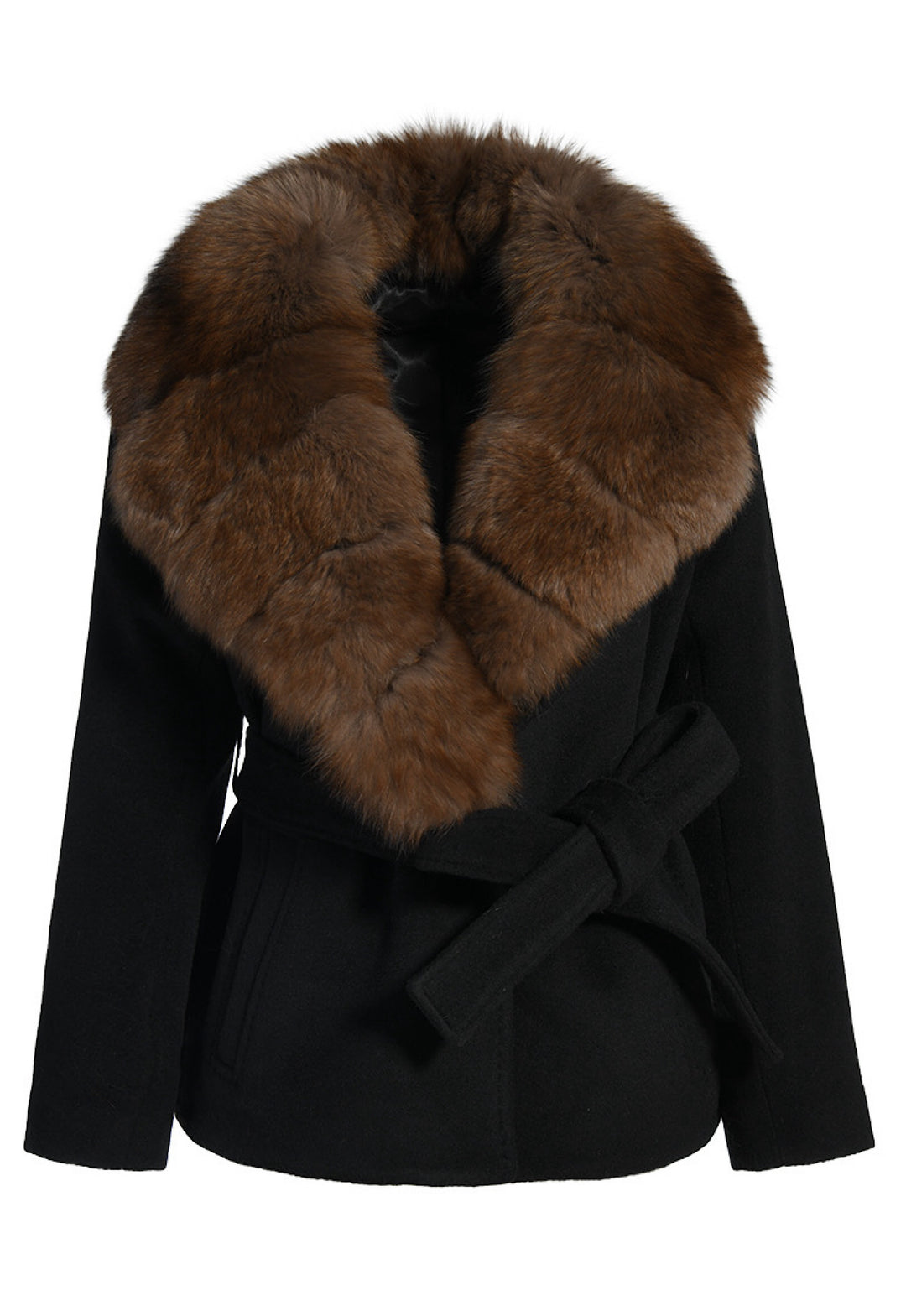 Short Italian wool coat impeccably tailored for a sophisticated silhouette, featuring an oversized collar trimmed with luxurious sable-dyed fox fur for added warmth and elegance.