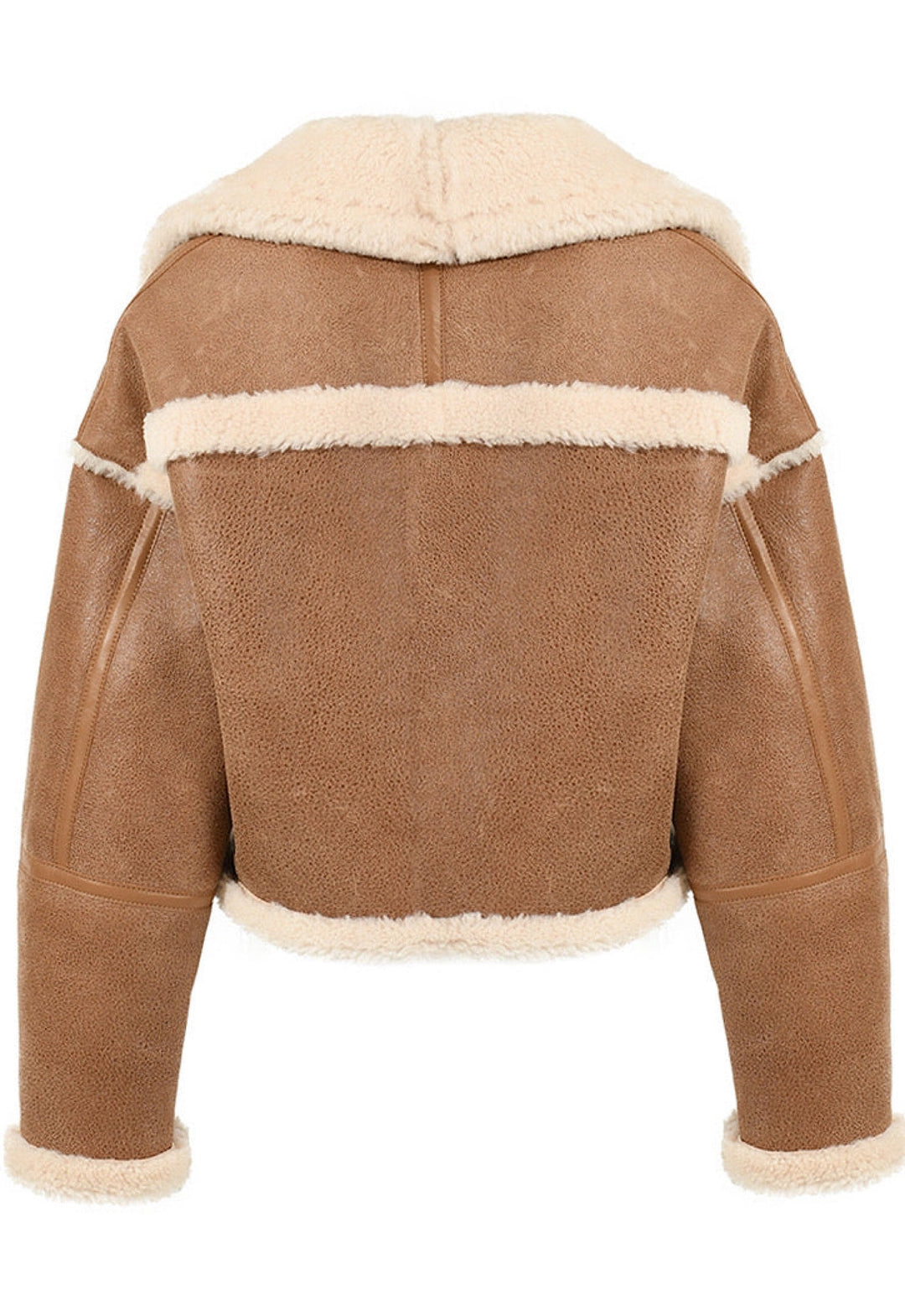 The cropped brown shearling leather jacket blends warmth and modern design, ideal for cool weather outings.