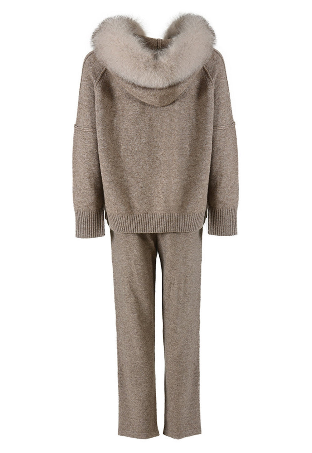 Women's taupe cashmere tracksuit sweater with hood, super soft 100% premium cashmere wool, relaxed fit, stylish and comfortable.