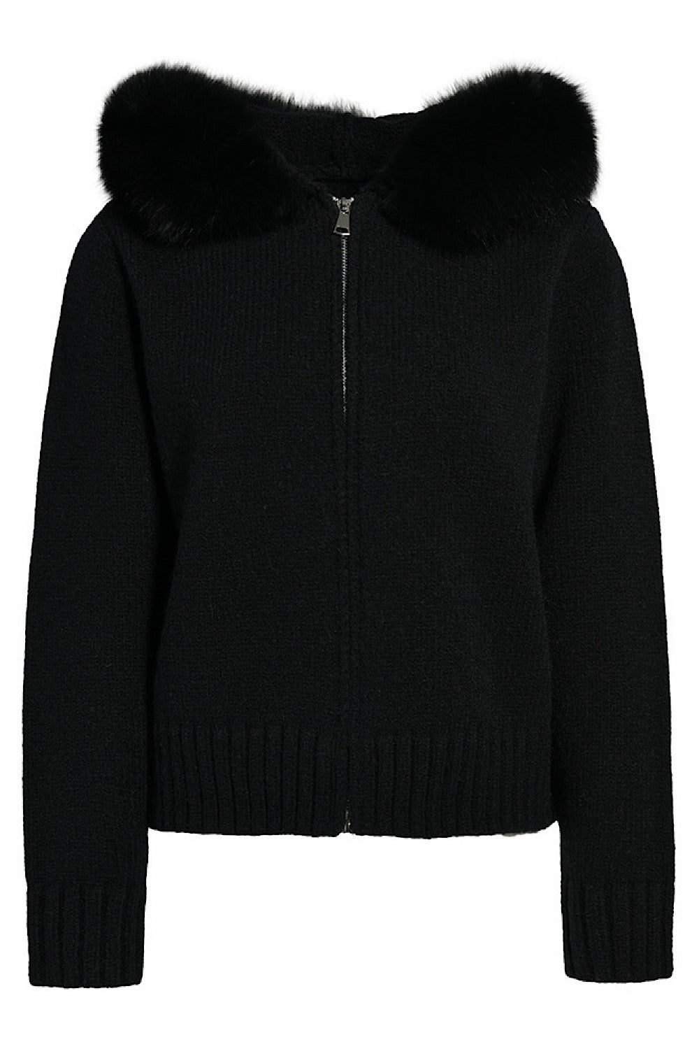 Black cashmere jacket with matching black fox fur trim, designed for elevated loungewear elegance.