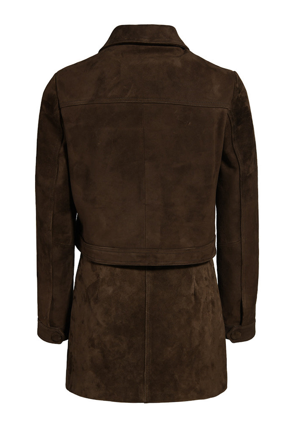 Coordinated brown suede set featuring a cropped jacket and matching skirt, creating a refined, cohesive look with timeless appeal.