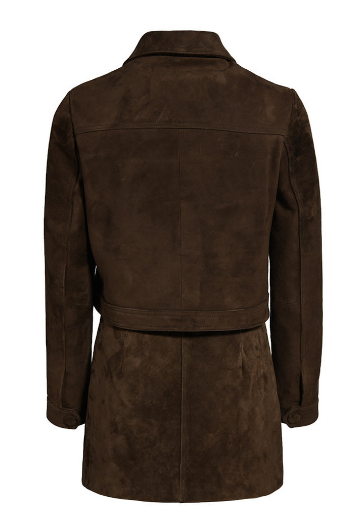 Coordinated brown suede set featuring a cropped jacket and matching skirt, creating a refined, cohesive look with timeless appeal.