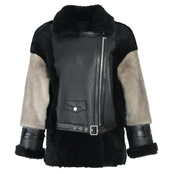 Leather Sheepskin Jacket With Mink Fur sleeves, luxury limited edition premium lambskin coat in black and grey, classic feminine design.