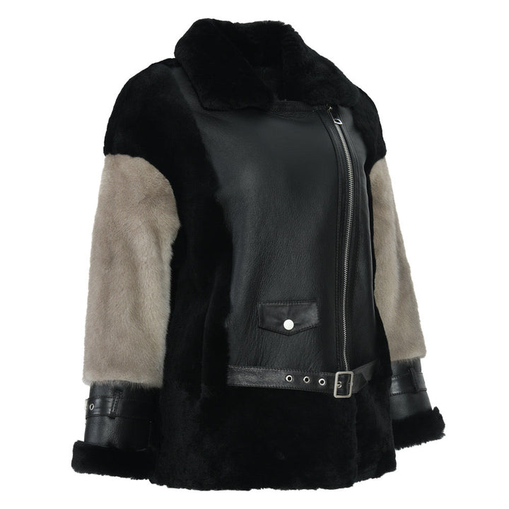 Premium Sheepskin leather jacket with luxurious grey mink fur sleeves, a statement piece of limited edition luxury coat collection for everyday wear.