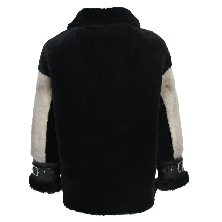 Back view of Sheepskin Leather Jacket with luxurious grey mink fur sleeves, showcasing premium lambskin leather for superior insulation and comfort.