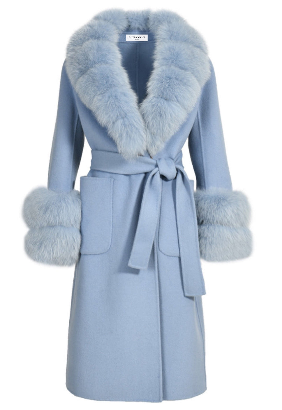 This elegant baby blue cashmere coat features luxurious faux fur accents, perfect for adding a touch of sophistication.