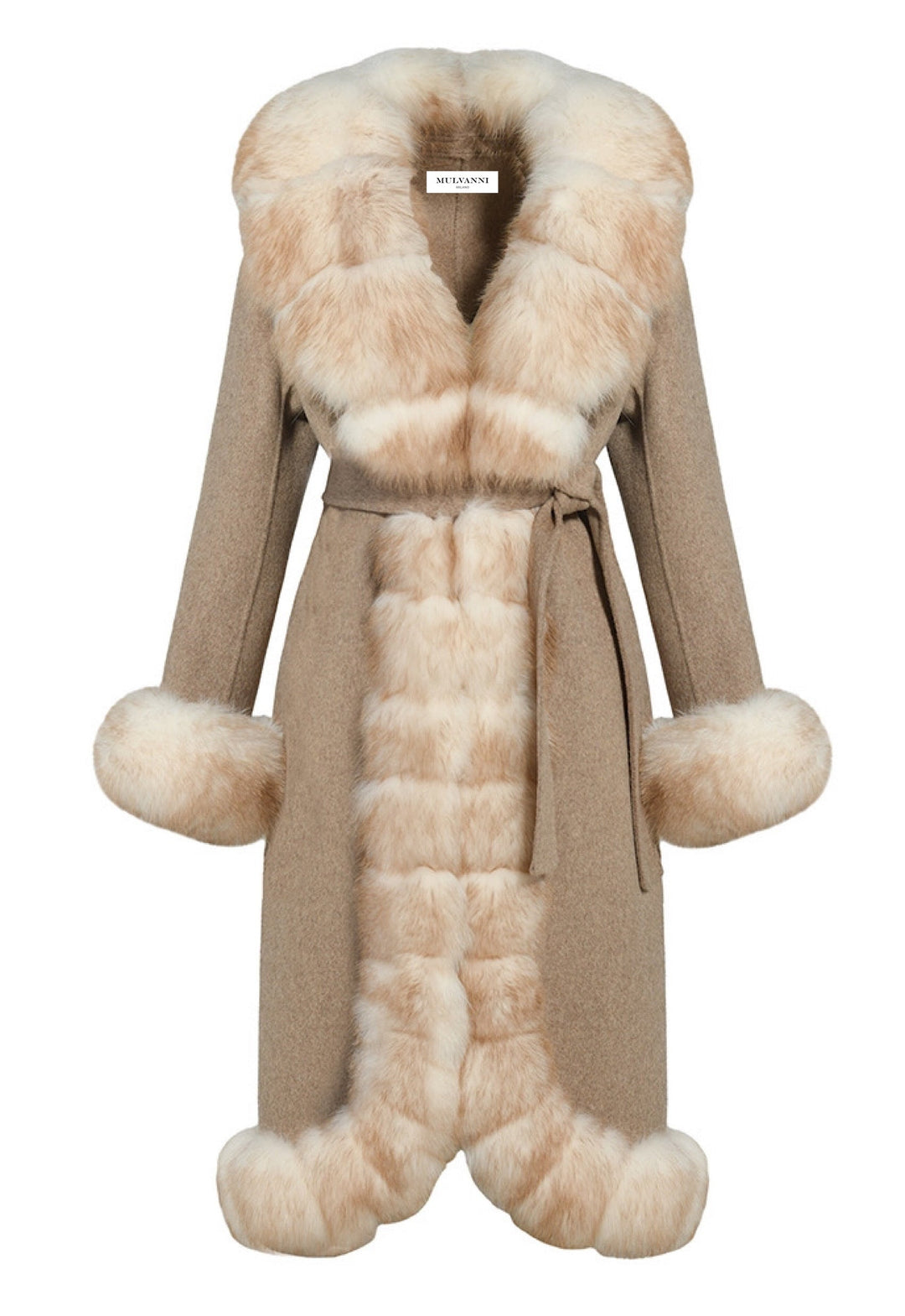 Beige Alcantara women's coat with mix-dyed fur trim on the collar, cuffs, and hem, displayed against a neutral background.