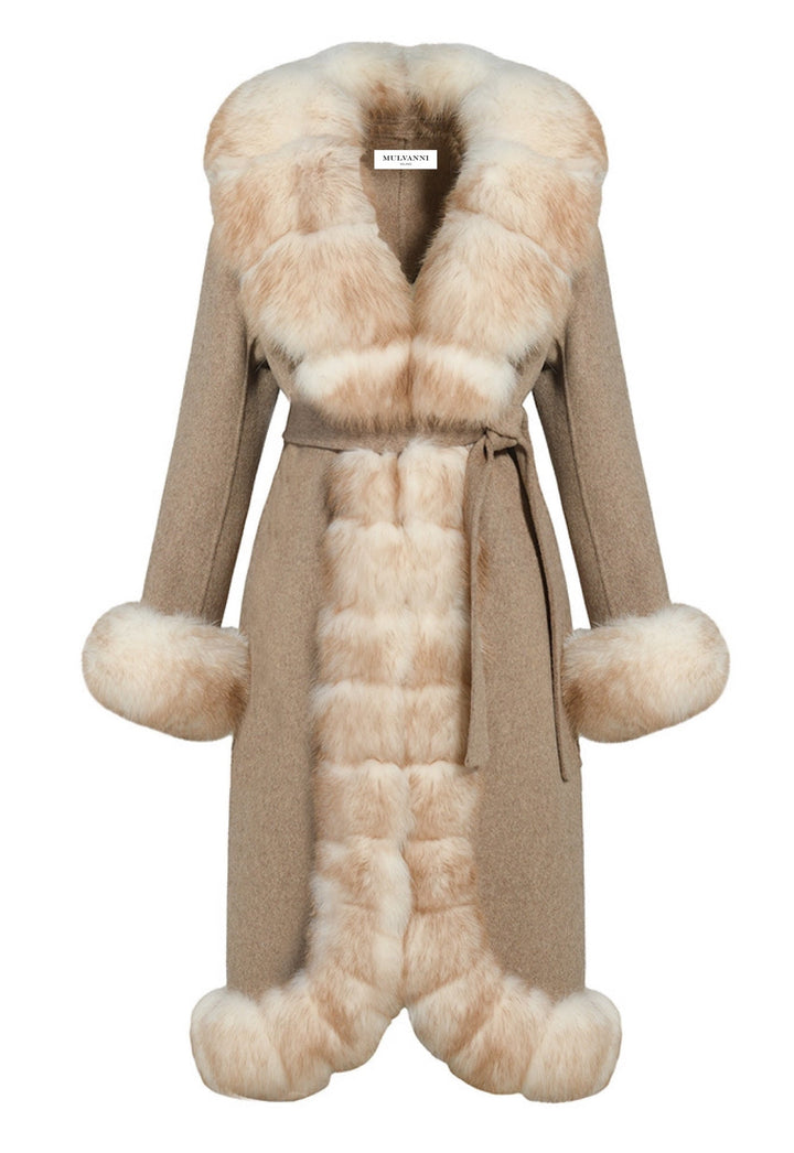Beige Alcantara women's coat with mix-dyed fur trim on the collar, cuffs, and hem, displayed against a neutral background.