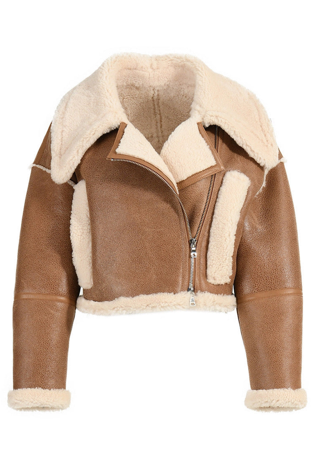 A trendy cropped brown shearling leather jacket, offering warmth and style with its soft, plush lining.