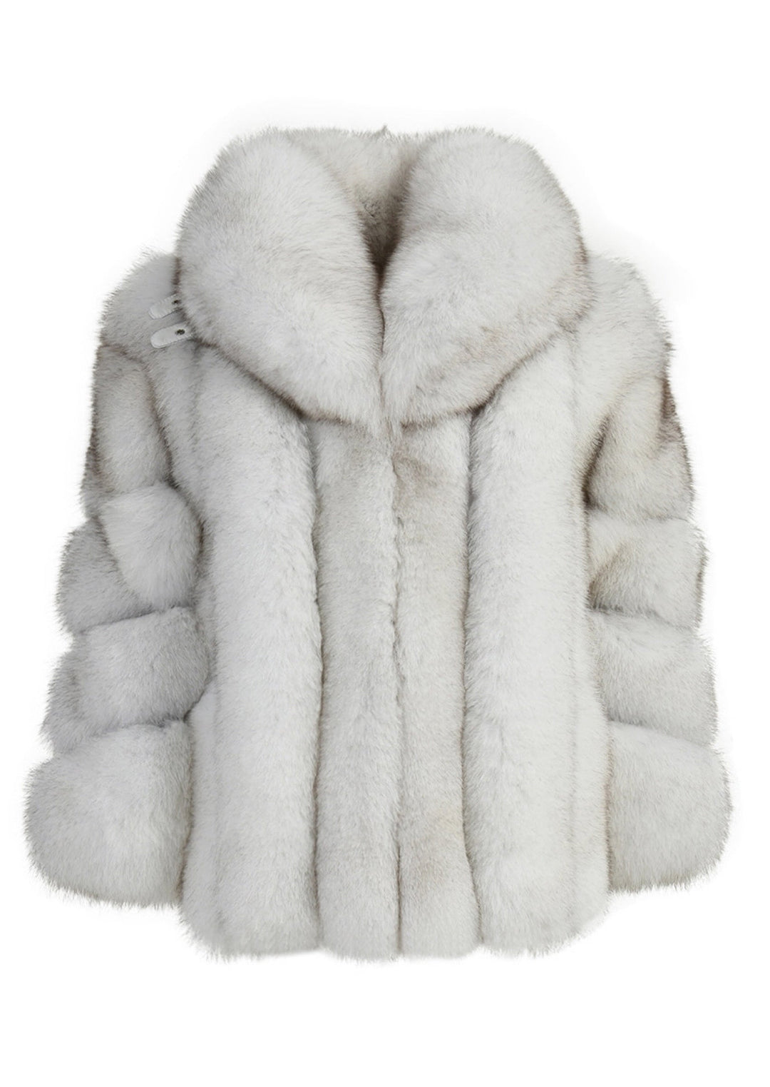 This exquisite natural white fox fur coat showcases a dramatic maxi collar, perfect for making a bold statement during winter events.