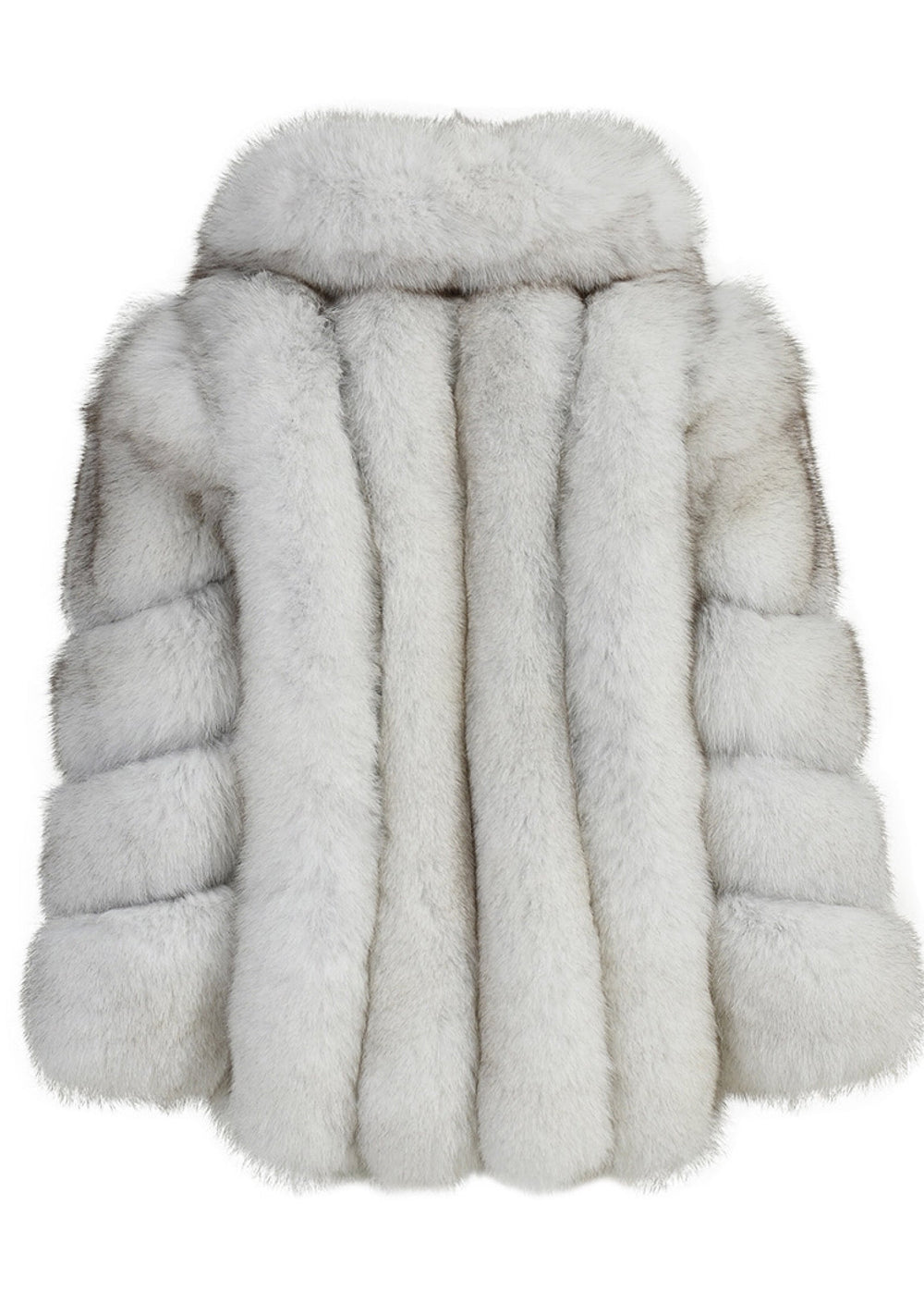 A stunning natural white fox fur coat featuring a maxi collar, exuding elegance and luxury with its soft, plush texture.