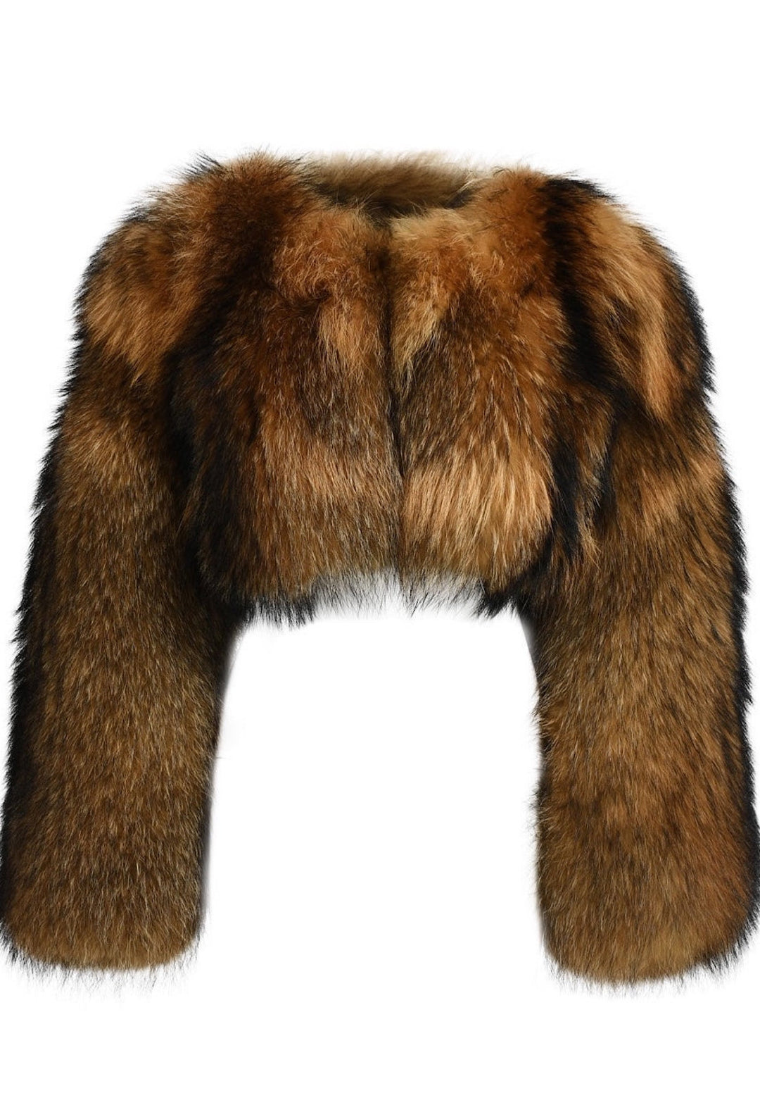 A chic cropped coat made from lush raccoon fur, featuring full-length, soft sleeves that provide both warmth and a touch of luxury.