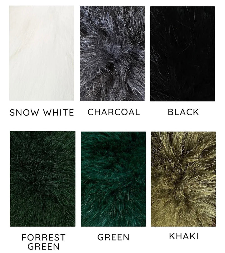 Various color samples of fox fur, including Snow White, Charcoal, Black, Forrest Green, Green, and Khaki, displayed in a grid.
