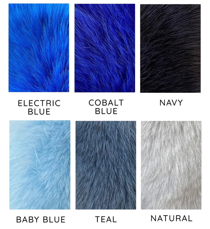 Various shades of faux fur in Electric Blue, Cobalt Blue, Navy, Baby Blue, Teal, and Natural colors.