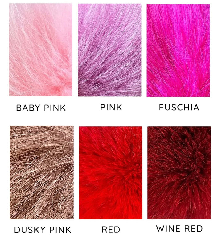 Various shades of fur, including baby pink, pink, fuschia, dusky pink, red, and wine red swatches for coat options.