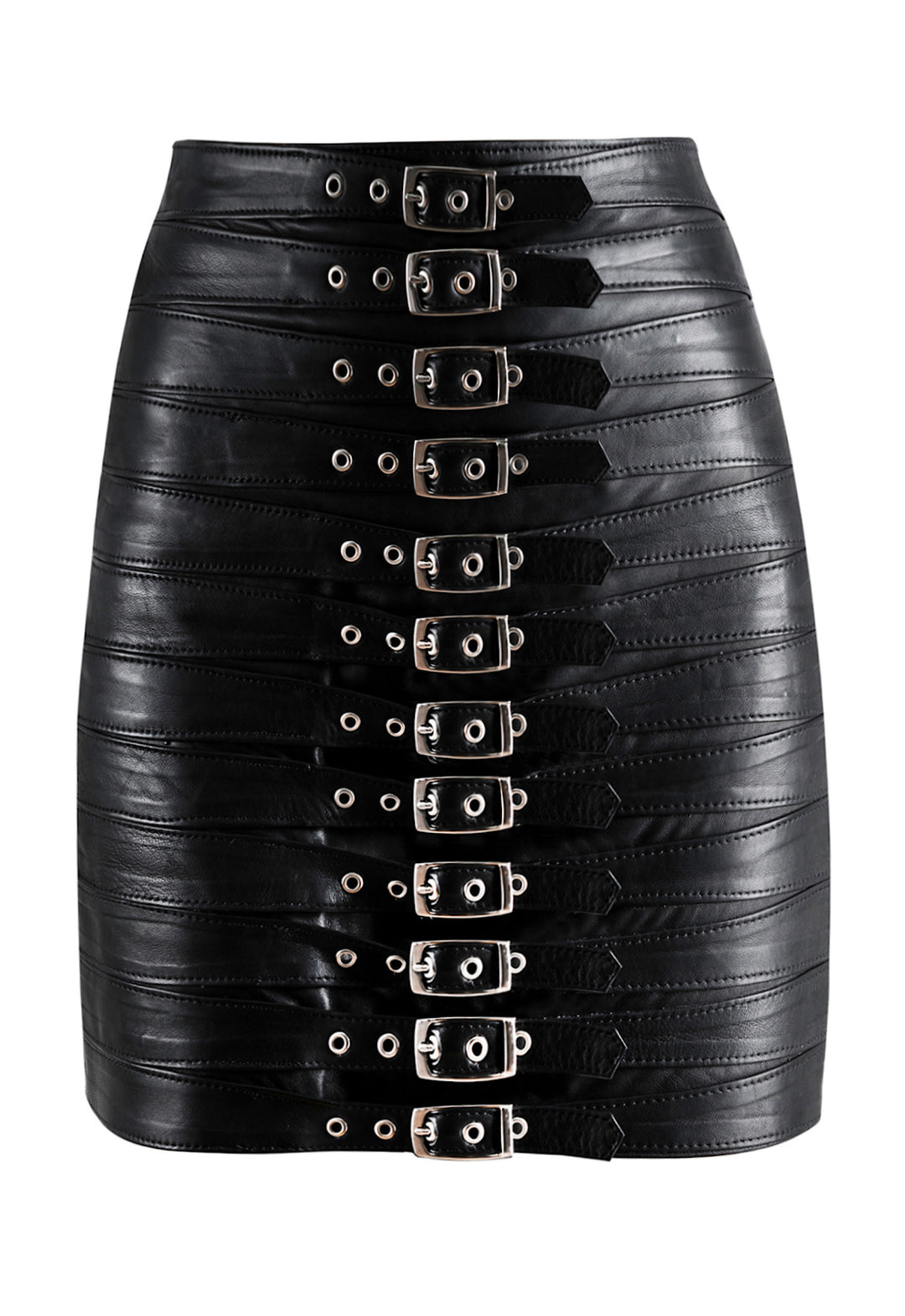 Genuine leather skirt featuring bold strap and buckle closures, offering an edgy yet timeless style with a smooth, structured fit.