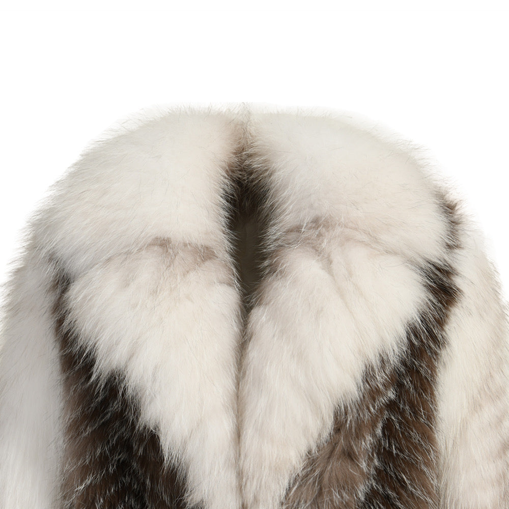 Sophisticated long coat made from rare Arctic Crossed Marble Fox Fur, finished with satin lining and snap closures for a polished look.