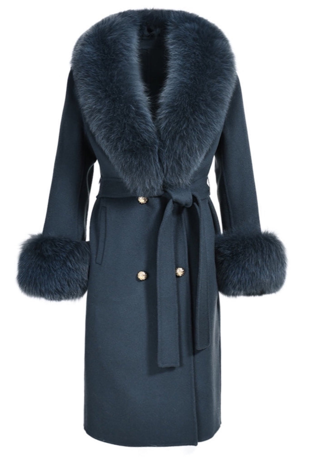 an elegant Aegean blue cashmere coat adorned with plush fox fur trim. The vibrant blue hue and soft fur create a luxurious winter statement.