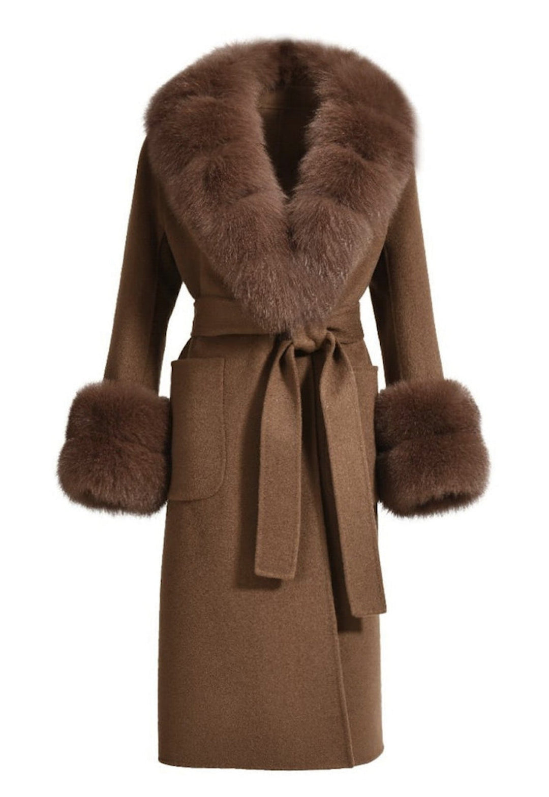 A rich brown cashmere coat with luxurious fox fur detailing, perfect for staying stylish and warm during colder seasons.