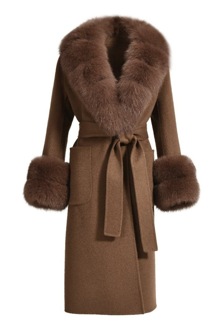 A rich brown cashmere coat with luxurious fox fur detailing, perfect for staying stylish and warm during colder seasons.