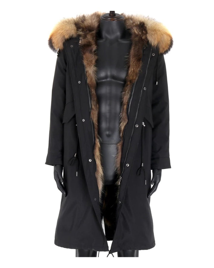 Men midi black parka crafted from luxurious fox fur, featuring a tailored fit and functional design