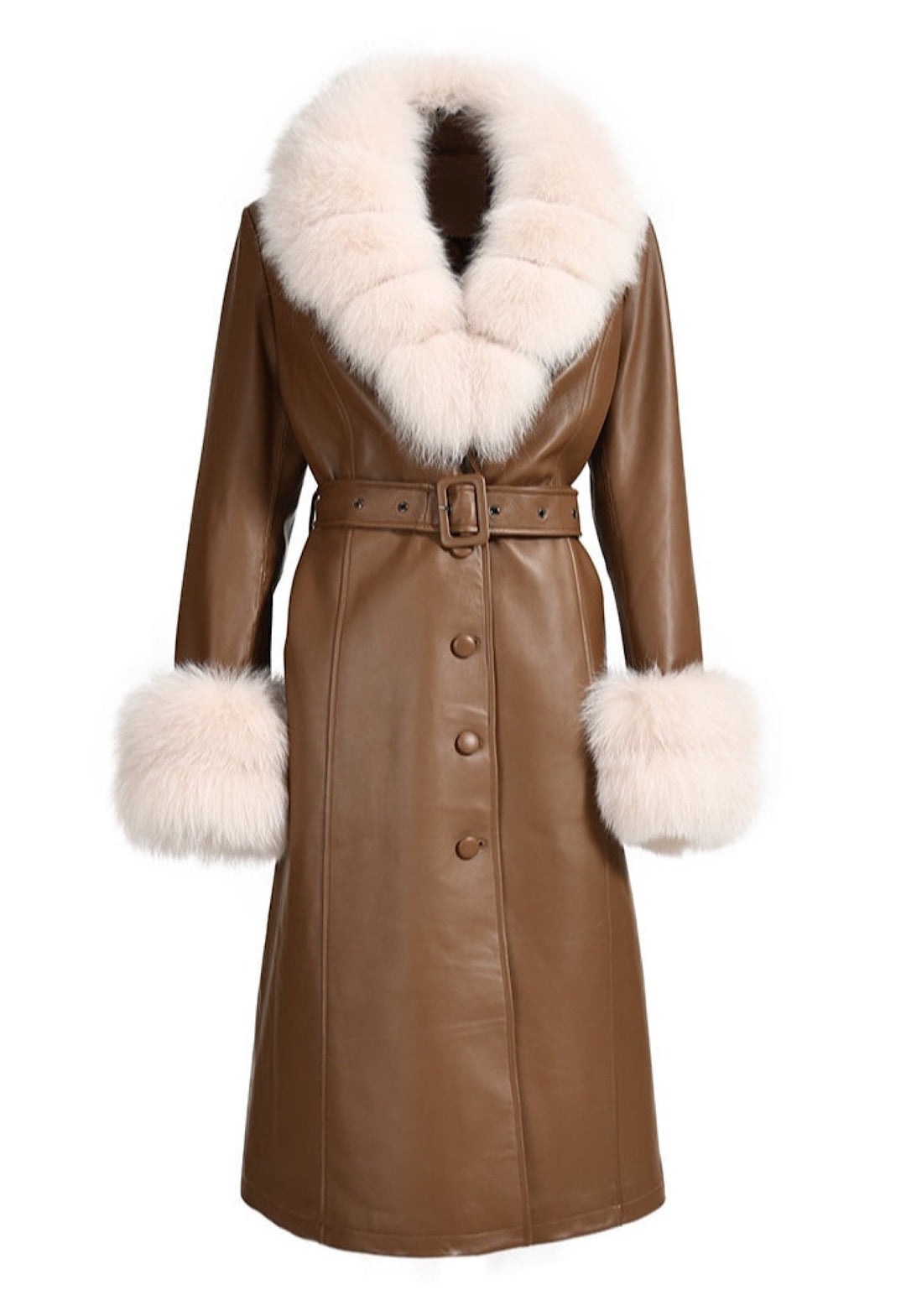 A brown leather trench coat adorned with luxurious beige fox fur accents. The coat's sleek design and fur detailing create a stylish and sophisticated look for winter.