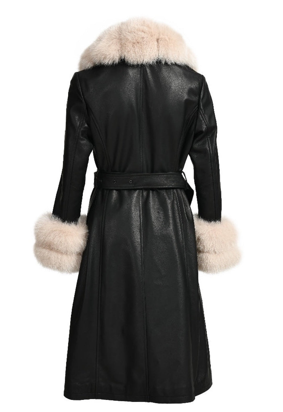 A fashionable black leather trench coat with soft beige fox fur trim. The coat’s tailored silhouette and rich textures make it a standout piece for winter fashion.