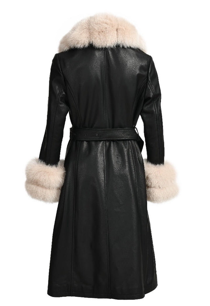 A fashionable black leather trench coat with soft beige fox fur trim. The coat’s tailored silhouette and rich textures make it a standout piece for winter fashion.