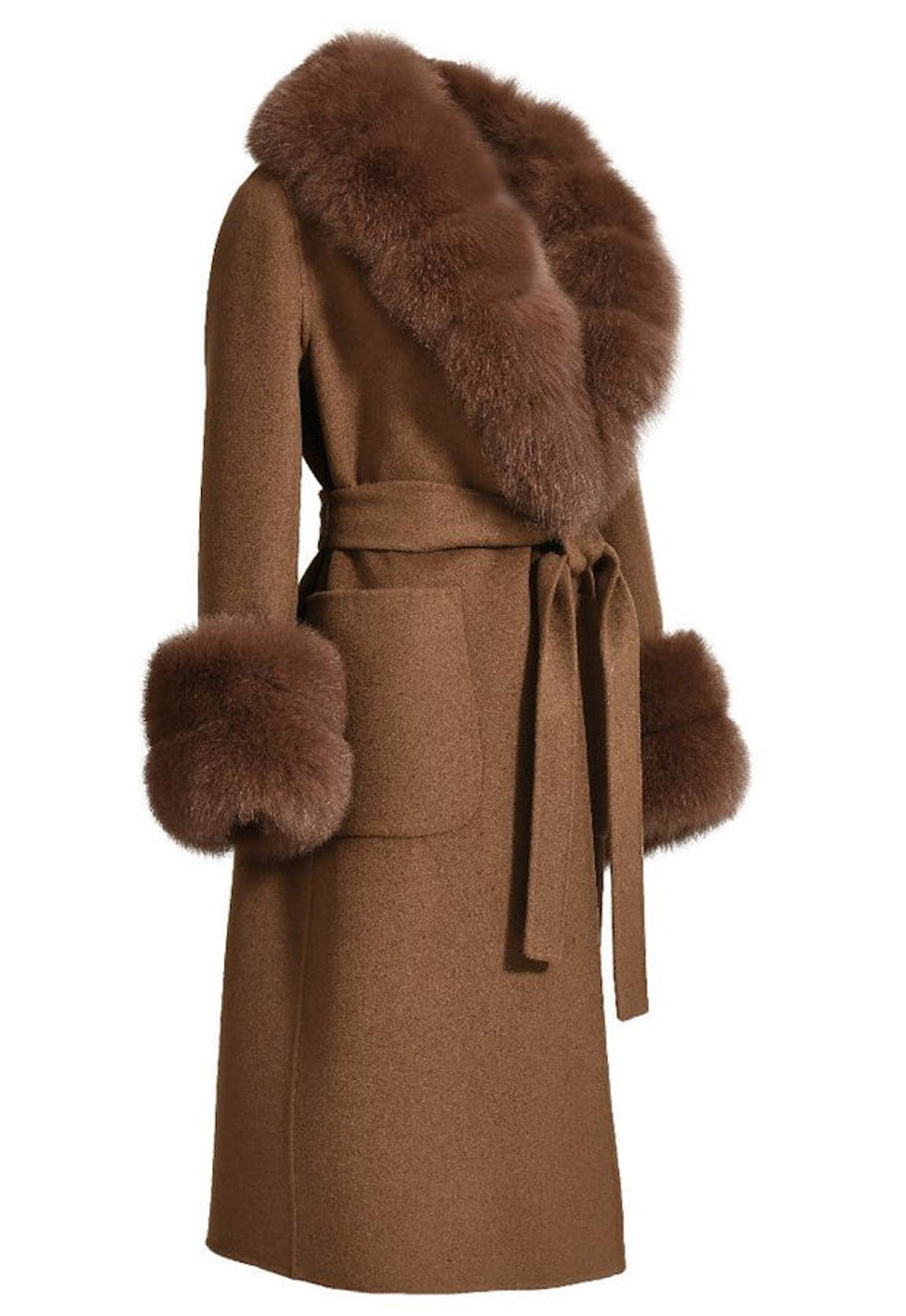 The brown cashmere coat with fox fur accents brings a touch of luxury and warmth, ideal for elevating any winter outfit.