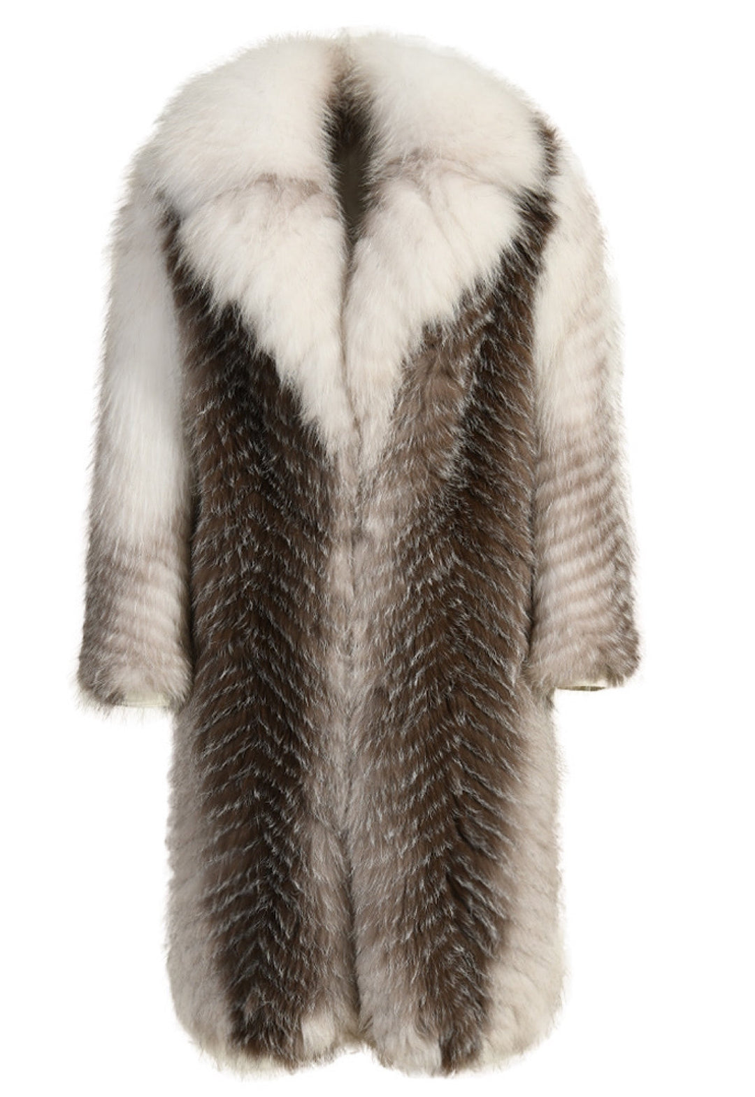 Luxurious long coat crafted from rare 100% Arctic Crossed Marble Fox Fur, featuring a double-breasted front with snap and hidden hook closures for refined elegance.