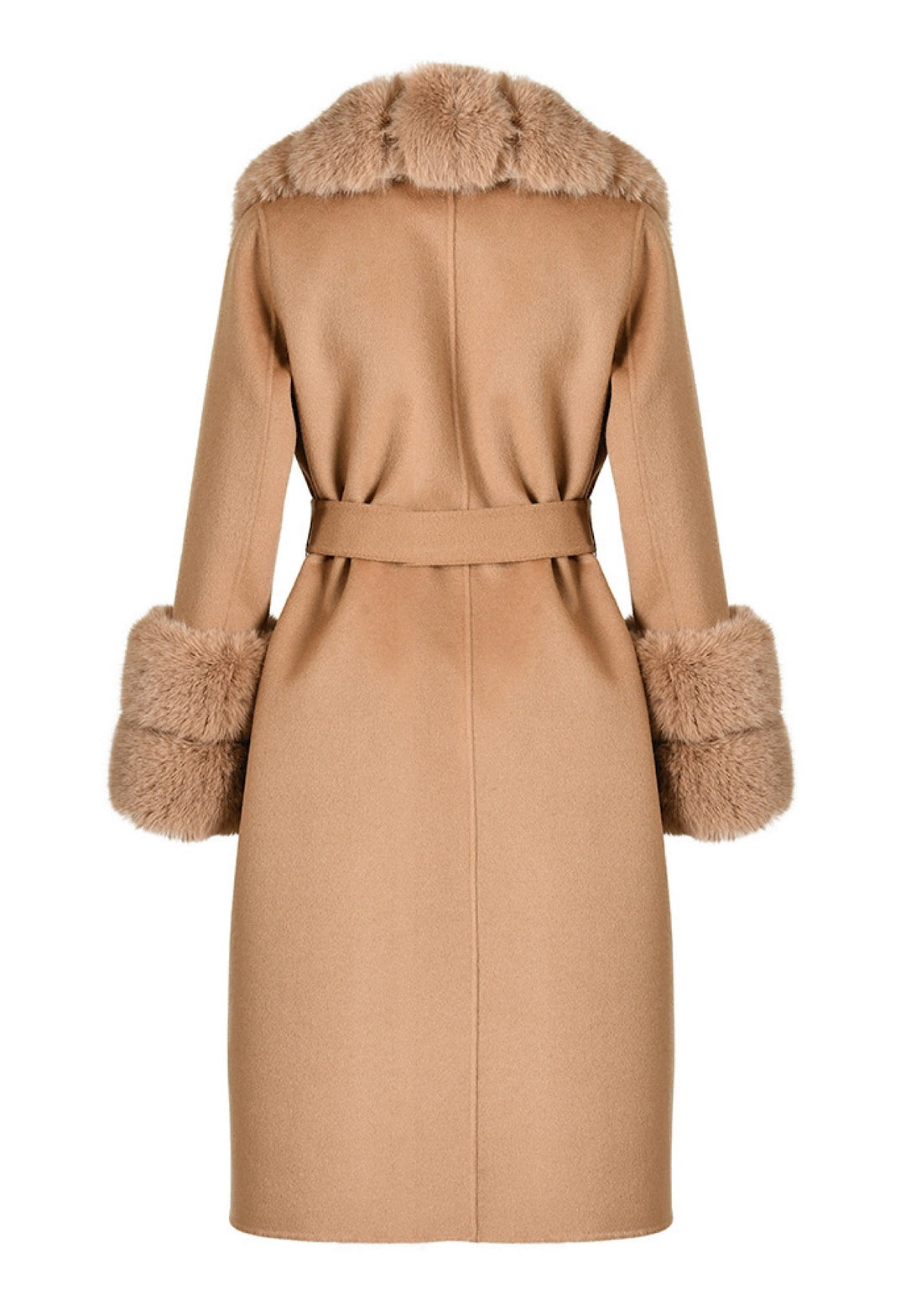 A chic camel cashmere coat with exquisite faux fur detailing, designed to keep you cozy and fashionable during the colder months.