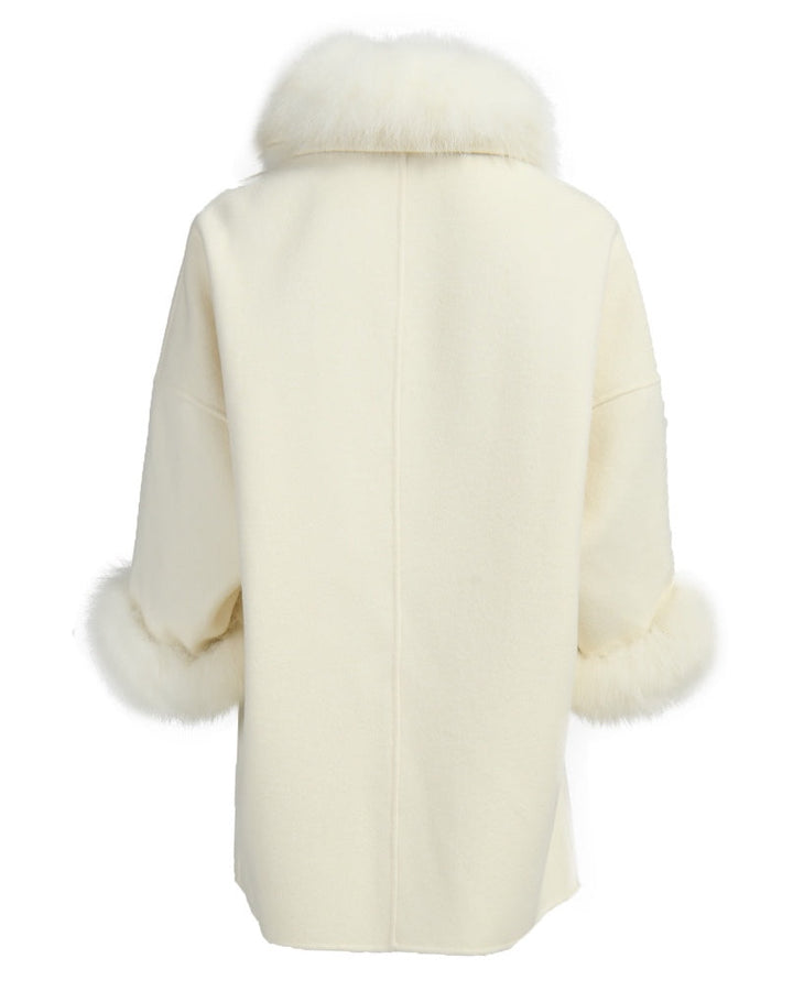 Off White Oversized Cashmere Coat with Fox Fur Collar and Cuffs, Designer Luxury Limited Edition