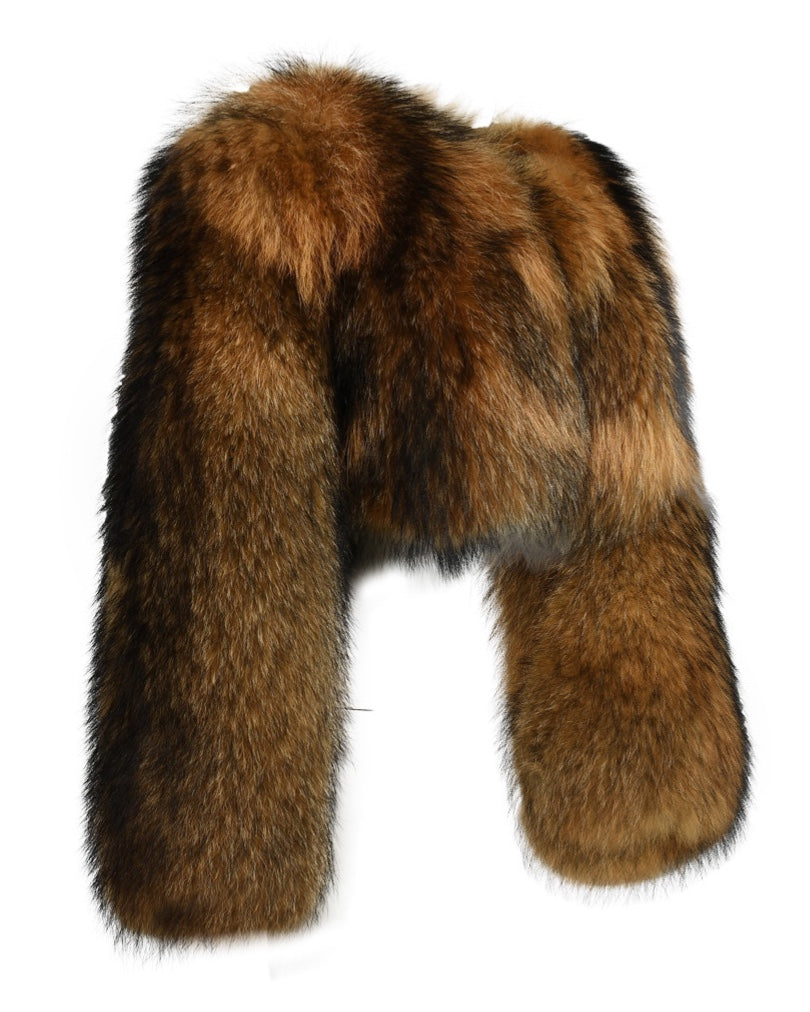 A stylish cropped raccoon fur coat with long, plush sleeves, offering a cozy yet glamorous look. The thick fur enhances both the warmth and the opulence of the design.
