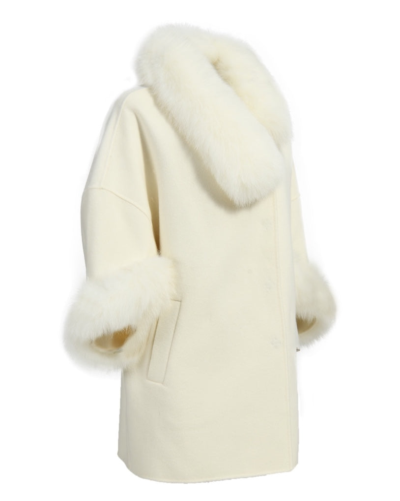 Off White Oversized Cashmere Coat with Fox Fur Collar and Cuffs - Elegant Designer Luxury Limited Edition