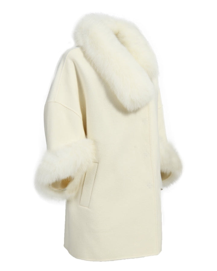 Off White Oversized Cashmere Coat with Fox Fur Collar and Cuffs - Elegant Designer Luxury Limited Edition