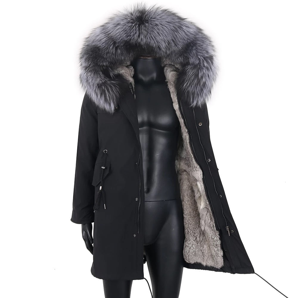 Black men parka with fur hood. 