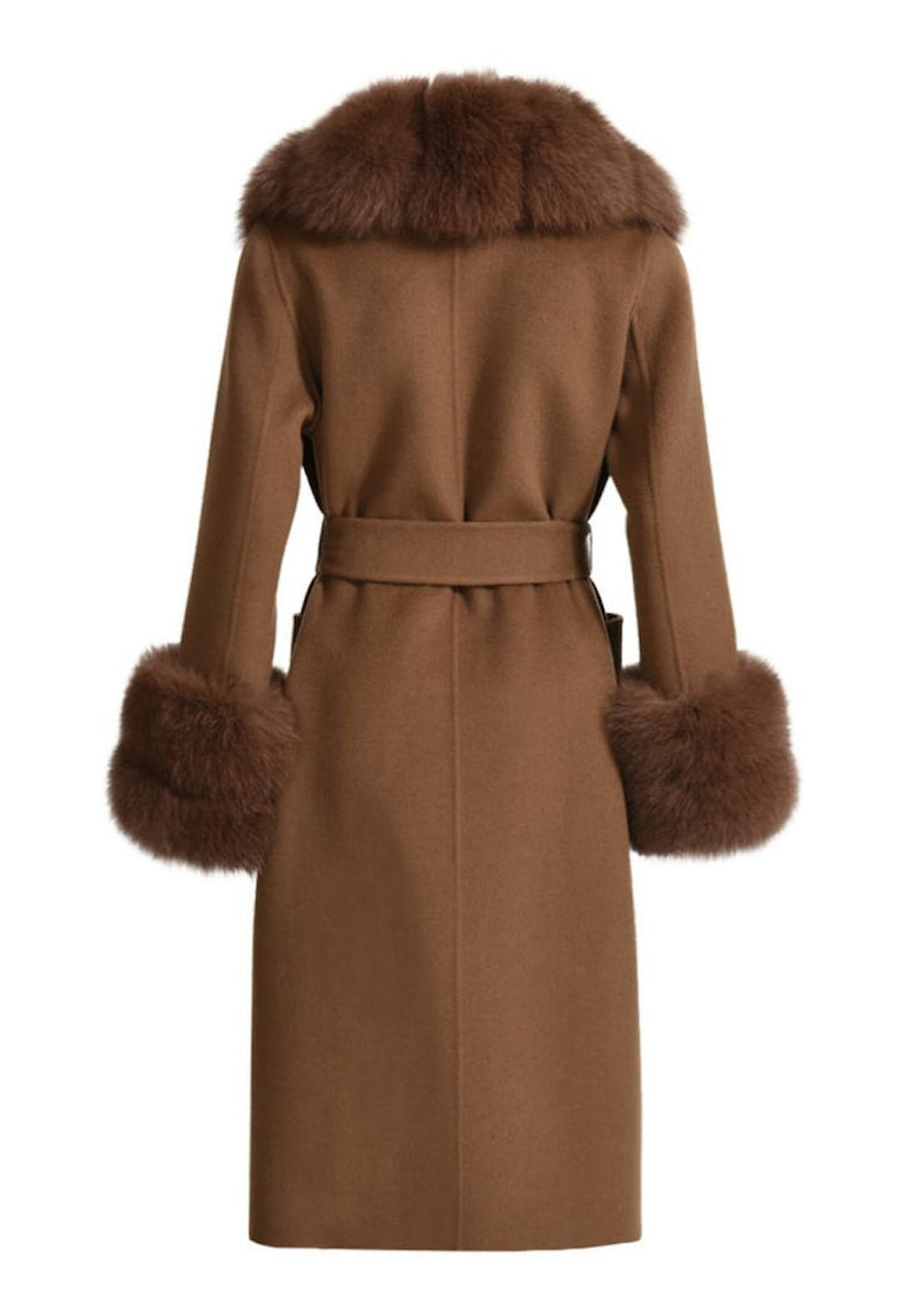 A chic brown cashmere coat with fox fur trim, combining elegance and practicality for an effortlessly refined appearance.