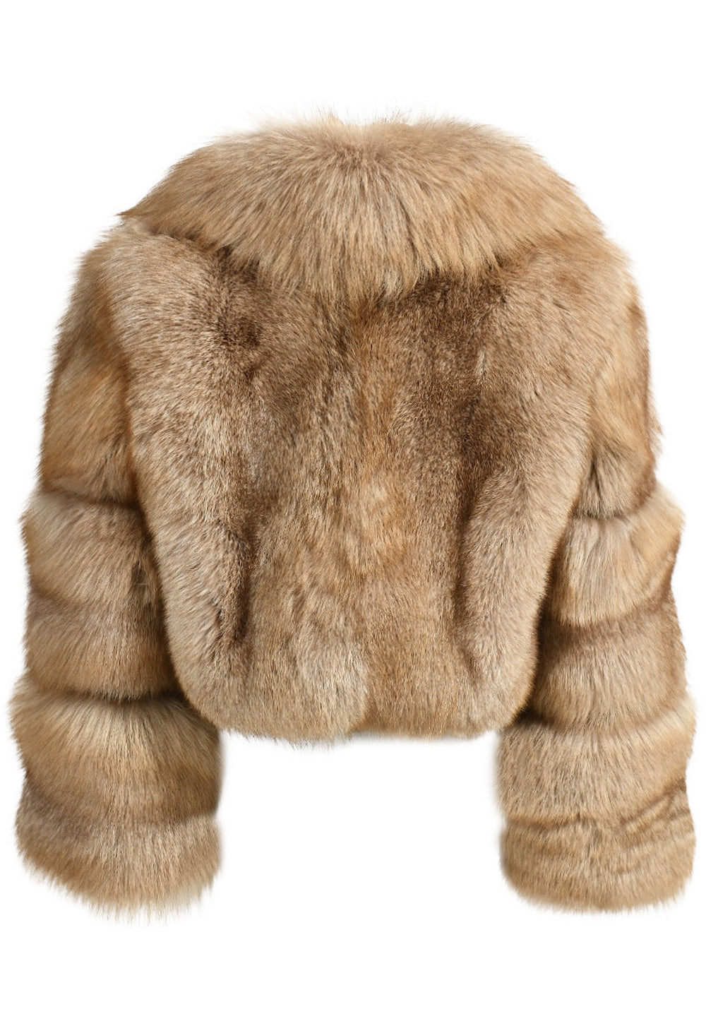 This chic cropped fox fur coat has a voluminous fur collar, combining warmth and elegance for a fashionable statement.