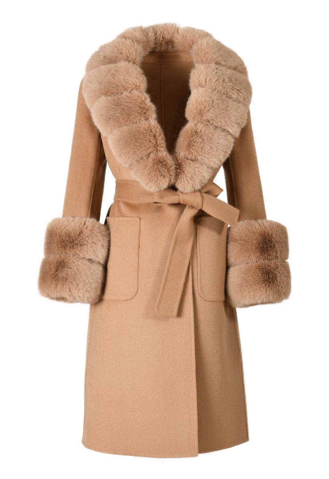 A luxurious camel cashmere coat featuring premium faux fur, offering a warm and stylish layer for chilly weather.