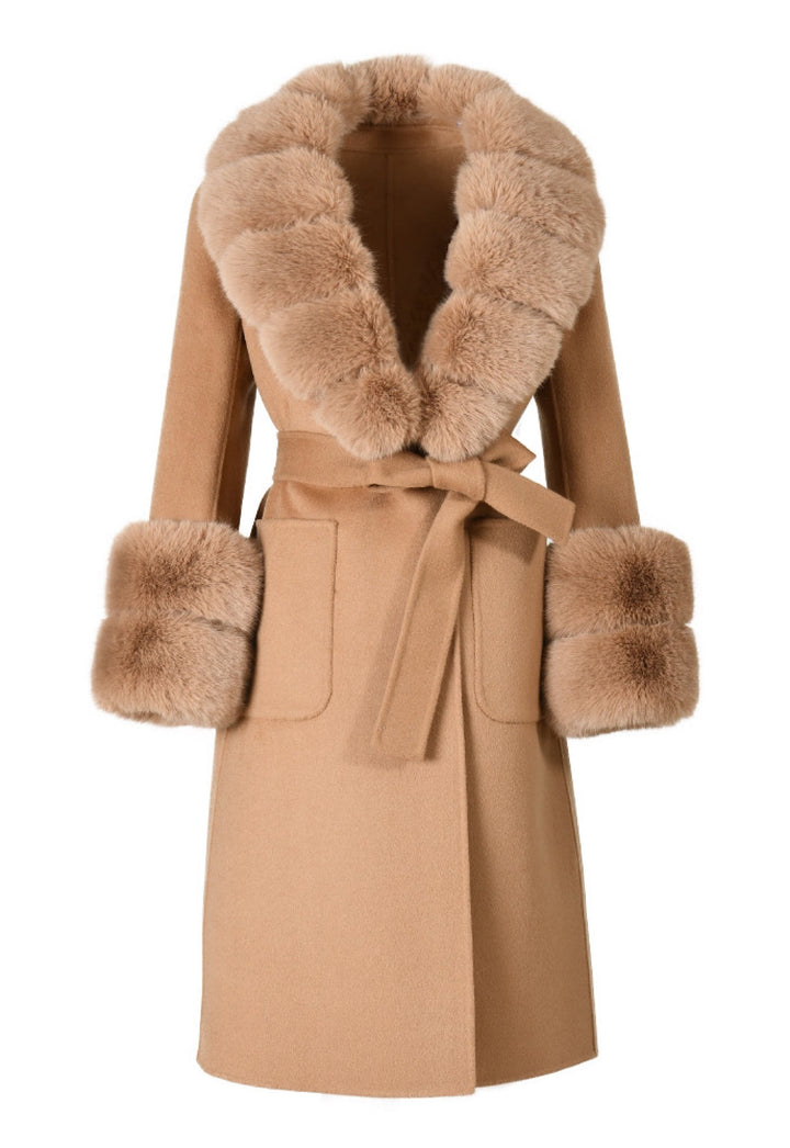 A luxurious camel cashmere coat featuring premium faux fur, offering a warm and stylish layer for chilly weather.