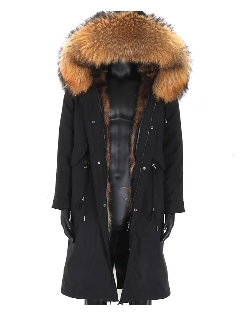 Men midi black parka made with high-quality fox fur, providing exceptional insulation and waterproof design. 