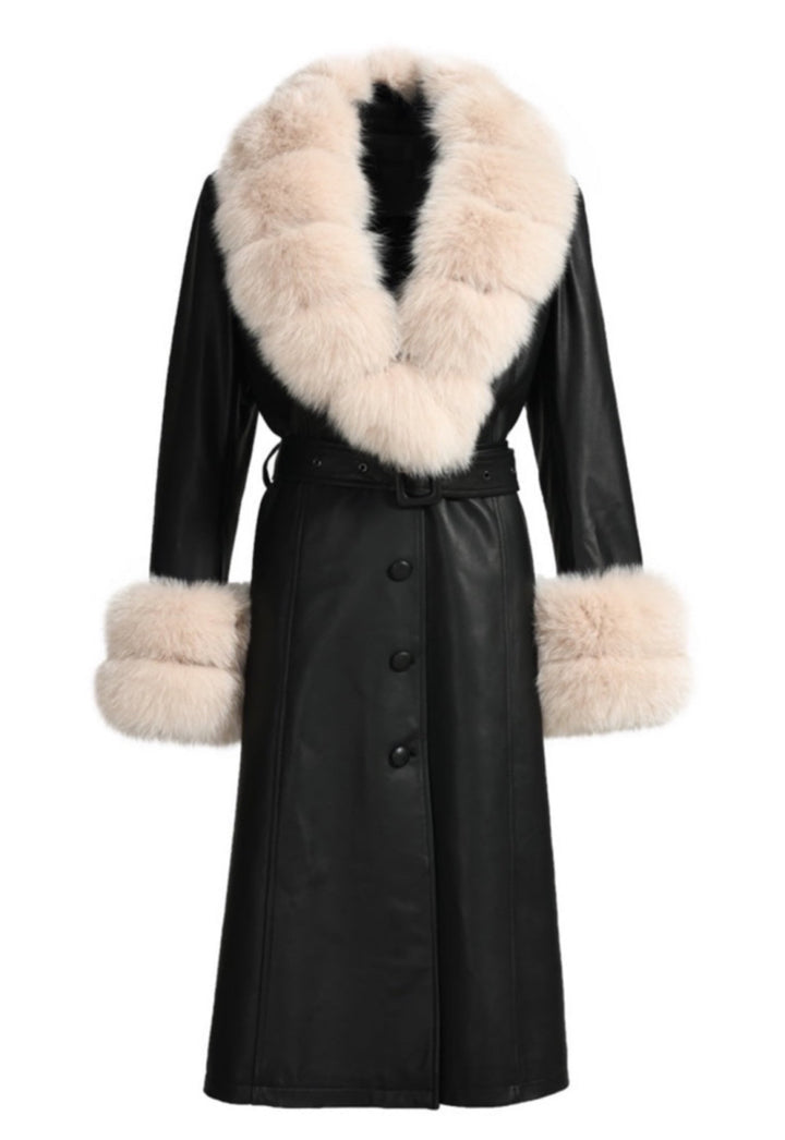 A black leather trench coat adorned with luxurious beige fox fur accents. The coat's sleek design and fur detailing create a stylish and sophisticated look for winter.